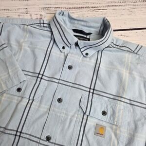 Carhartt Mens XL Loose Fit Midweight Short Sleeved Shirt Light Blue Plaid Cotton